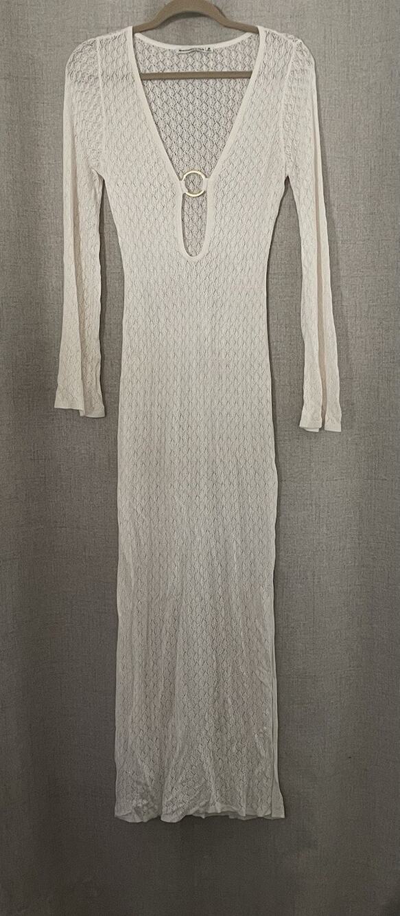 Abercrombie & Fitch Women's Cream Crochet-Style Plunge Maxi Dress Coverup